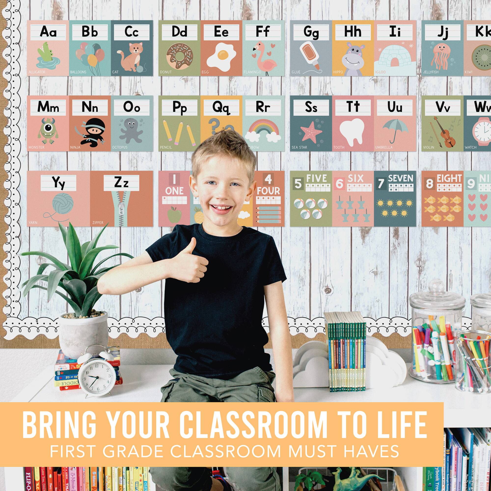 Hadley Designs 6" x 14" Boho Muted Number Line & Alphabet Letters for Classroom Wall Set